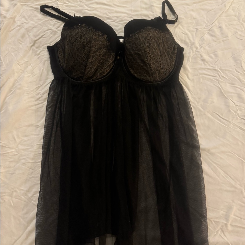 Cacique Black Lace-Trim Mesh Babydoll Chemise